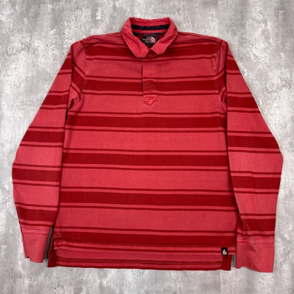 The‎ North Face Rugby Shirt Mens Medium Red Y2K 90s Long Sleeve Striped Polo
